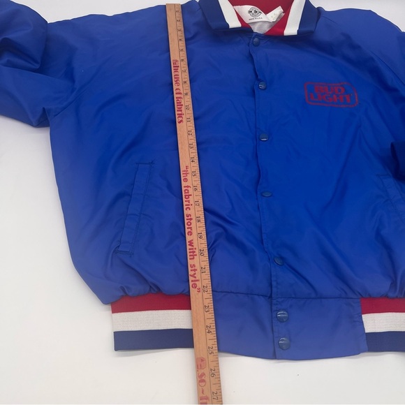 Vintage Bud Light Satin Bomber Jacket XL Blue USA Snap Front 80s Beer Promo - Picture 10 of 13